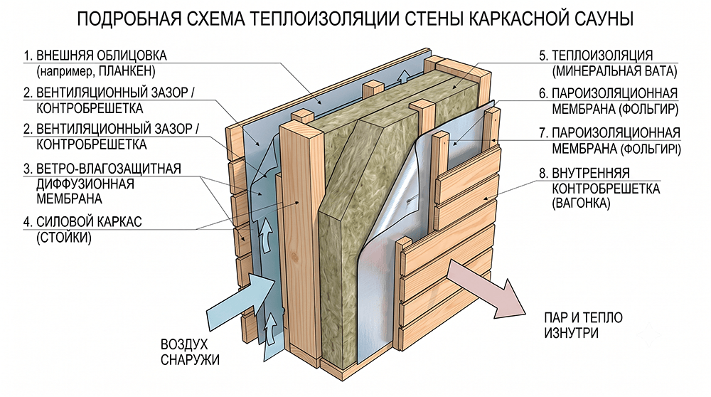 Устройство утепления и пароизоляции стенового пирога каркасной бани